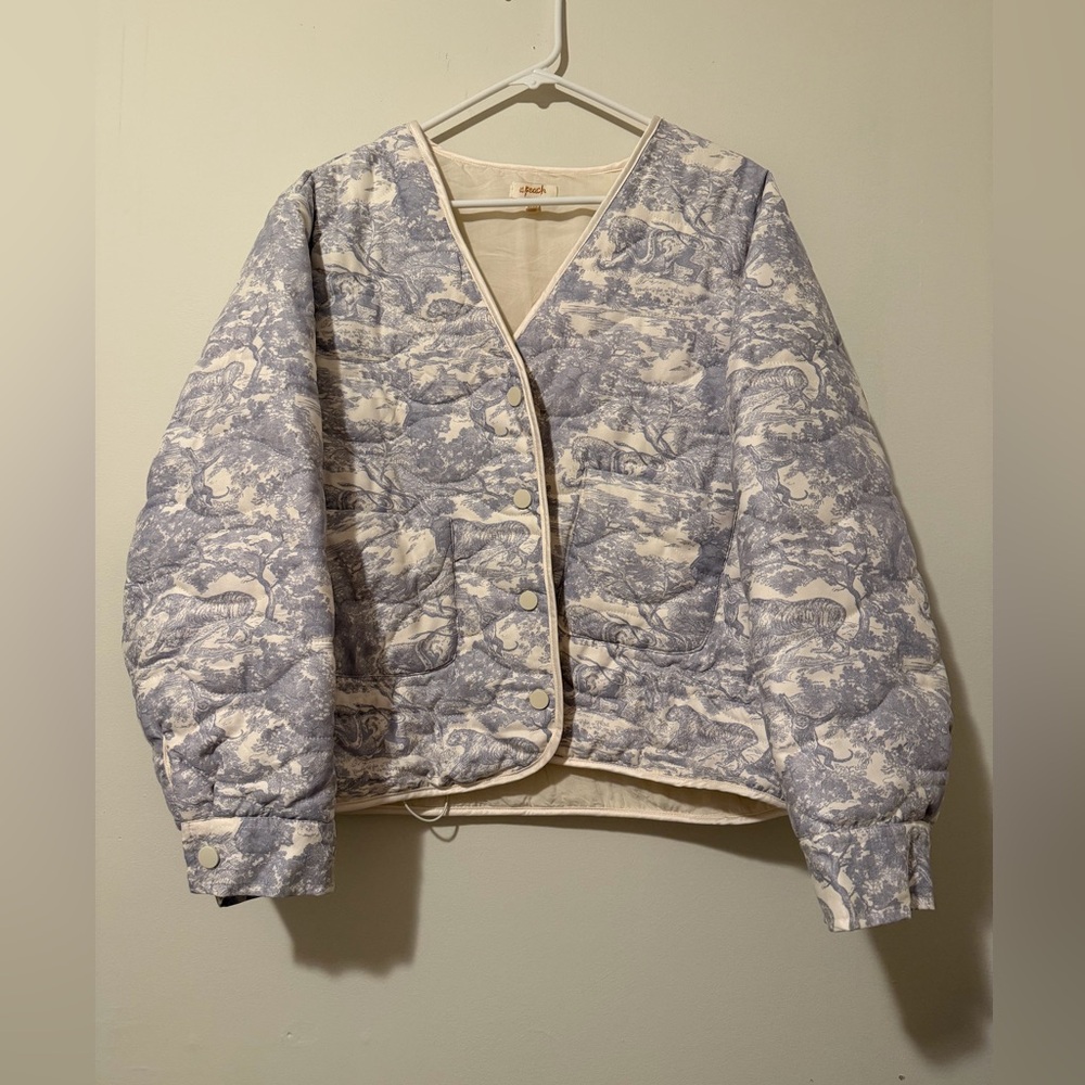 A. Peach Quilted Toile Print Jacket Blue White Snap Front Size L - Picture 3 of 8